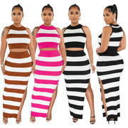 Striped Printed Slit Skirt Two-piece Suit